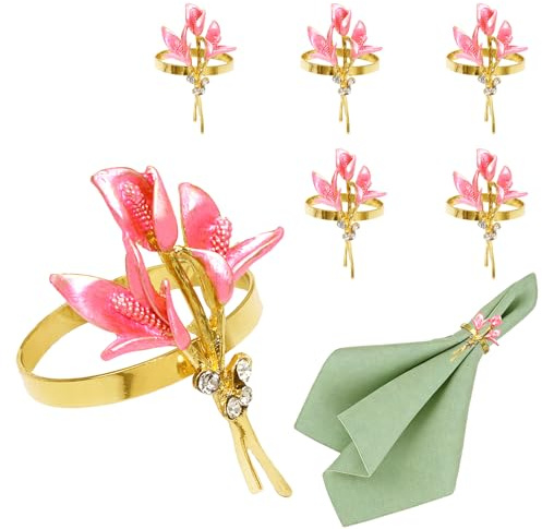 Davifina Lily Napkin Rings Set of 6 Pink Enamel & Rhinsetone Flower Napkin Holder for Spring Party Garden Wedding Dining Decor,Elegant Floral Napkin Rings for Rustic Farmhouse Daily Table Setting