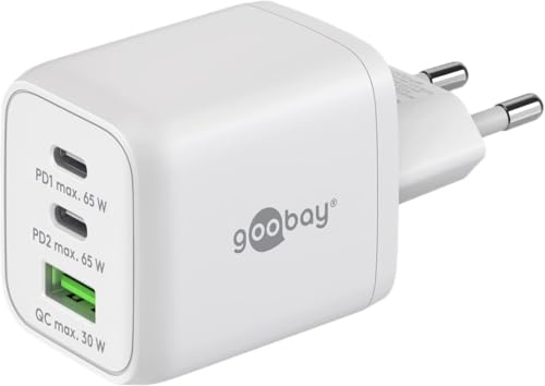 Goobay 64754 Nano USB C Ladegerät Netzteil 65W Power Delivery PD Schnellladegerät / iPhone 14 USB Stecker 3A / USB-C & USB-A 3 Port Mini Steckdose Adapter / Ultra klein / Weiß