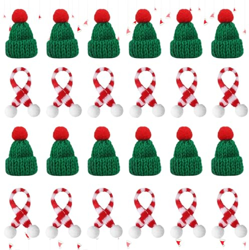Funrelaxer 24 Stücke Mini Weihnachtsmütze und Schal Set, Mini-Strickmütze des Weihnachten, Kleine Weihnachtsmützen Set für Flaschen, hund und Puppen