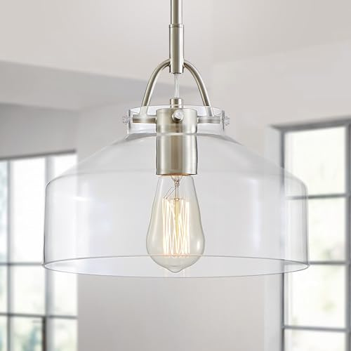 WUZUPS Lámpara de araña Rústico Farmhouse Industrial Ronda Techo Colgante Lámpara LED con pantallas de cristal transparente para Comedor Cocina Isla Vestíbulo Entrada, E27 Base, Níquel cepillado