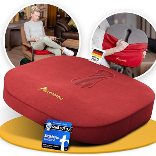 SANTERGO Orthopädisches Sitzkissen [PATENTIERT & FORMSTABIL] - Sitzkissen für Bürostuhl und Stuhl - Sitzkissen Stuhl, Sitzauflage Bürostuhl, Steißbeinkissen, Sitzpolster (red-Hard 95-125 kg)