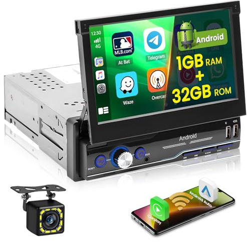 Hikity 1 Din Android Autoradio Wireless Carplay Android Auto 7 Zoll Touch Display Auto Radio Manuelle Ausfahrbarem Bildschirm GPS Navi WiFi BT FM Radio Rückfahrkamera