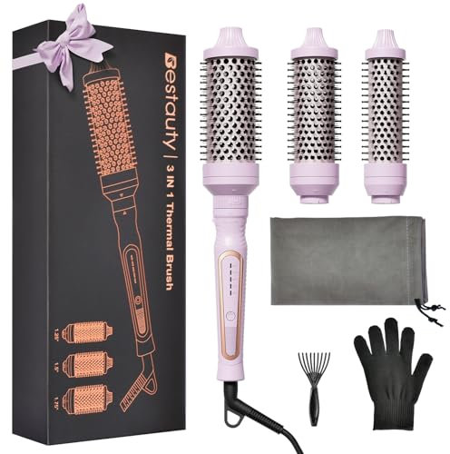 Bestauty 3 in 1 Thermal Brush - 32/38/45mm, 150-230℃ Interchangeable Heated Round Brush, Dual Voltage Heated Brush Volumizer, Hot Brush Volumizing Ionic with Storage Bag(Purple)