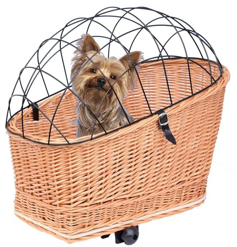 Hundefahrradkorb mit Gitterhaube, Befestigung für Gepäckträger, herausnehmbarem Kissen – Handgeflochten, stabil, schwarz oder honigbraun, aus Weide – Hundekorb Fahrrad (Honigbraun, L)