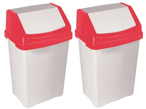 FotoStation (Set of 2) - 50L Litre Capacity Large Plastic Kitchen Swing Flip Top Indoor Recycling Bin Waste Bin Recycle Dustbin Rubbish Trash Refused Bins Space Saver & Easy to Clean Made in UK (Red)