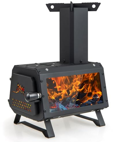 GYMAX Stufa a Carbone Legna da Campeggio, Mini Fornello Portatile con 2 Posizioni di Cottura e 3 Prese d'Aria, Finestra in Vetro, Fornellino Rimovibile per Tenda per Cucinare, Riscaldare, Barbecue