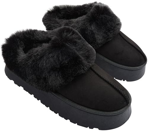 CityComfort Sherpa Lined Slippers for Women Teenagers, Fluffy Slip-On House Shoes with Non Slip Sole - Gifts for Her (Black, 6 UK)