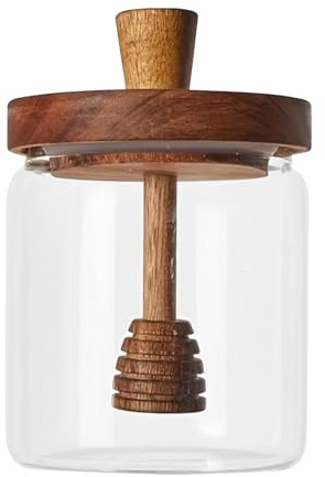 Gcerfby Pot à miel en verre avec cuillère - Pots de rangement avec couvercle en bois - 500 ml - Passe au lave-vaisselle - Pour stocker le miel et le sirop
