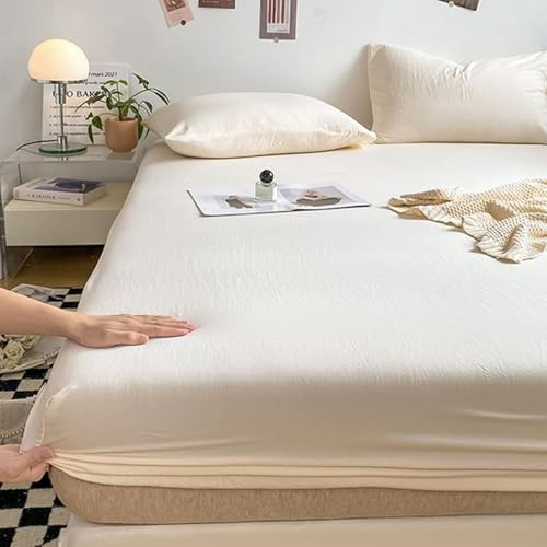 Lirzxin Bettlaken 200x220 cm, Spannbetttuch Bambus Faser Einfarbig Spannbettlaken Doppelbett Weiches und Atmungsaktives, Beige Weiß