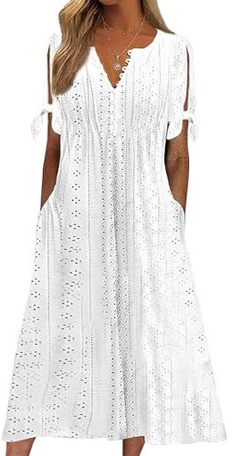 CheChury Vestido Largo Verano Mujer - Blanco - XXL - Manga Corta - Cuello en V - Ajuste Suelto - Estilo Boho - Perfecto para Playa, Fiesta y Vacaciones