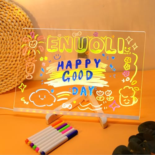 ENUOLI LED-Tafel aus Acryl, Trocken abwischbar, LED-Nachrichtentafel mit | 7-Farben-Stift, Acryl-Tafel, Beleuchtete Nachrichtentafel aus zum Schreiben von Listen, Büro, Café, Zuhause, Geschäft