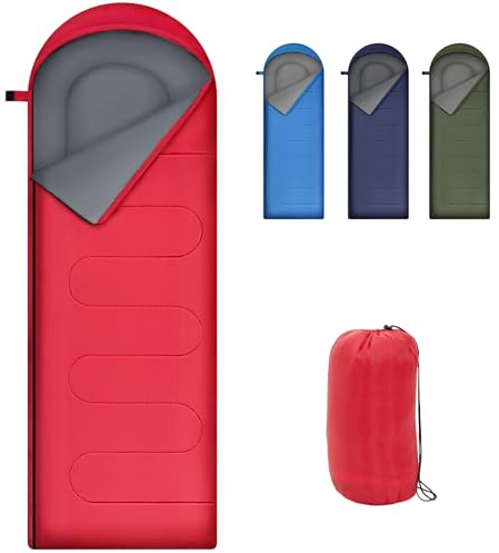 Warmiehomy Sovsäck för vuxna, ultralätt ryggsäckssovsäckar med huva, campingtäcke med 2 sidodragkedjor i full längd, lätta sovsäckar för vår, sommar, tidig höst (röd)