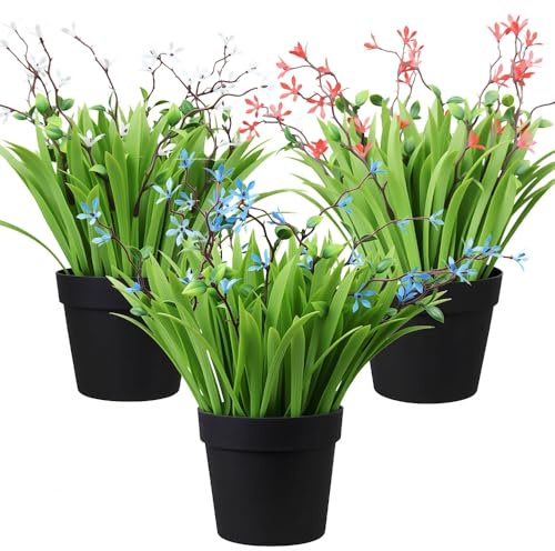 Aisamco 3 Piezas Plantas Artificiales en Maceta Pequeñas Plantas en Maceta Negra Pequeña Hierba Falsa Vegetación para Baño Hogar Oficina Escritorio Mesa Decoración de Estante