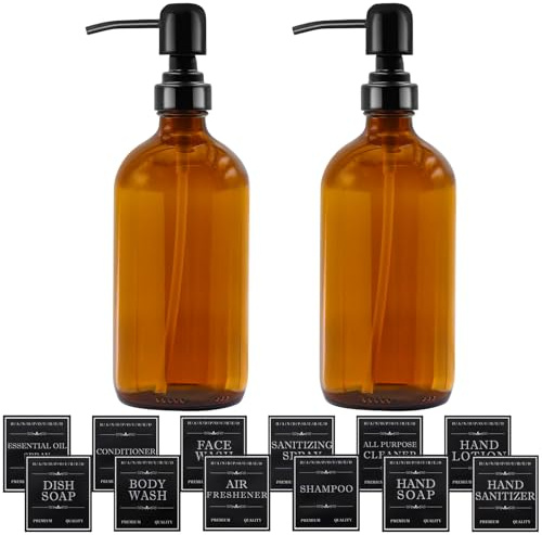 TOKSEO 2 Stück Seifenspender Glas, Seifenspender Braun 500ml mit Edelstahl Pumpspender und Etiketten, Soap Dispenser Kitchen, Spülmittelspender für Küche, Bad