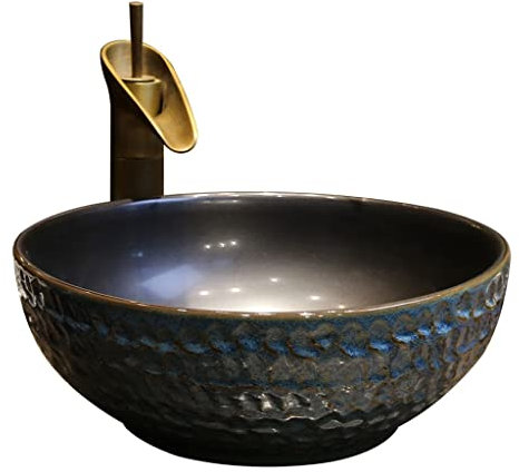 PUFAHAU Lavabos de baño Lavabo de cerámica Redondo Lavabo de encimera de Arte para el hogar Lavabo para Utensilios de baño con Grifo Lavabo de tocador Lavabo de Cuenco