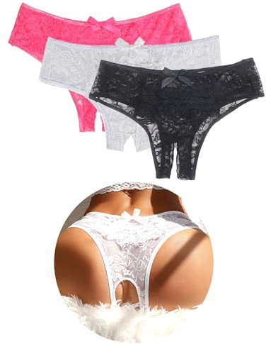 ohyeahlady Tanga Abierto por Abajo Talla Grande Bragas Abiertas Cintura Baja Tangas Mujer Pack con Encaje Invisible Braga Brasileña Braguitas Transpirables Underwear Lencería Curvy Multipack,M