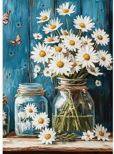 DOMROM Blumen Diamond Painting, Diamond Painting Erwachsene Kinder Diamond Painting Set, Gänseblümchen in der Flasche Diamant Malerei Kit Diamond Art Erwachsene für Home Wand Dekor 30x40cm