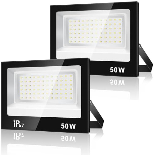 URTBST 50W Focos Led Exterior,5000LM Foco Proyector,7000K Blanco Frío Foco,IP67 Impermeable Super Brillante Proyector Exterior para Garaje,Terraza,Jardín,Patio (2 Piezas)