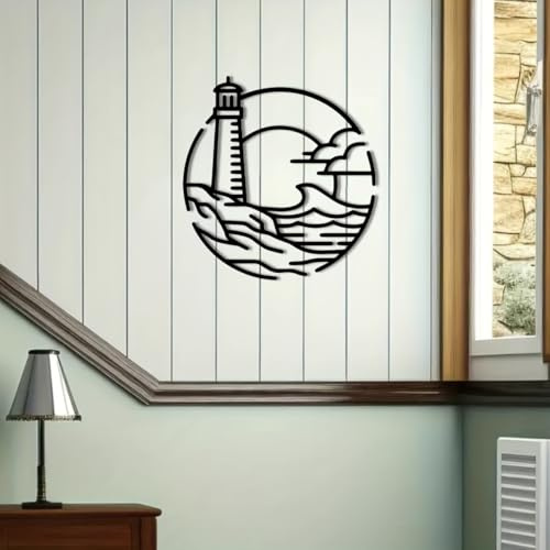 Wanddeko aus Metall maritim Leuchtturm Design Linienförmige Wandskulptur aus Eisen Maritimes Thema für Wohnzimmer Schlafzimmer Badezimmer Heimdekoration 30 x 2