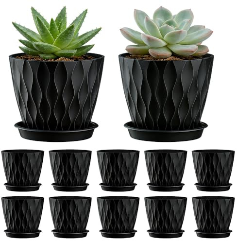 Weciau Blumentopf Set, 12er Pflanztöpfe mit Untersetzer und Drainagelöchern, 10.1× 9CM Blumentopf Klei, für Zimmerpflanzen innen & Outdoor, Dekorative Pflanztöpfe, Schwarz