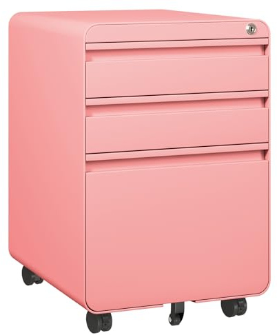 Dripex Metall Rollcontainer Stahl Rollcontainer mit 3 Schubladen oder 2 Schubladen, Abschließbarer Büroschrank, Bürocontainer mit 5 Räder (Rosa, 40 x 45 x 60 cm)