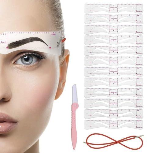 KAHZOR 12 Paia Stencil Sopracciglia per Donna, Kit Sopracciglia con Corda Fissa e Rasoio per Sopracciglia, Modelli per Sopracciglia Precise e Simmetriche, DIY Make Up