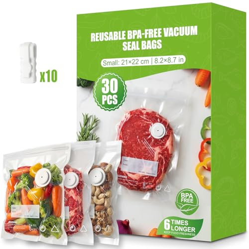 Babacom 30 Pezzi Sacchetti Sottovuoto Alimenti Riutilizzabili con Valvola d'Aria e 10 Clip di Chiusura (S:21x22cm), Senza BPA, Buste Sottovuoto Alimenti per Congelatore/Cottura Sous Vide/Conservazione
