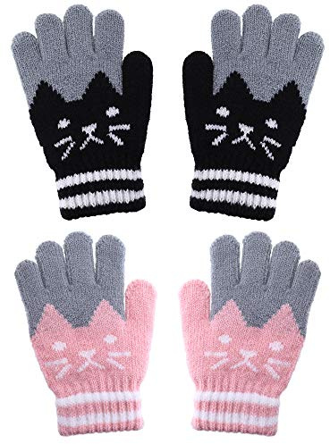 Boao 2 Pairs Kids Winter Gloves Full Finger Knitted Gloves, Black, Pink