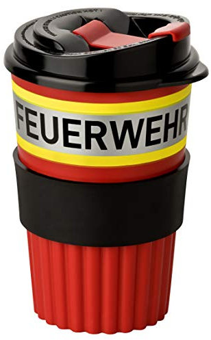PACOTEX FEUERWEHR To-Go Coffee Becher rot mit gelb-silber-gelb Streifen in Feuerwehroptik, 350ml, mit griffiger Softmanchette