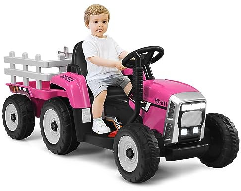 DREAMADE Traktor mit Abnehmbarem Anhänger, Elektrotraktor mit LED-Licht & Musik & Fernbedienung, Kindertraktor mit max. Tragfähigkeit von 30 kg, Aufsitztraktor für Kinder ab 3 Jahren (Rosa)