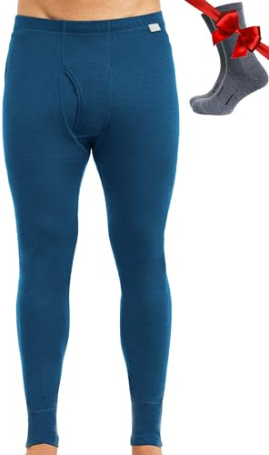 Pantalon Interior Termico Lana Merino Hombre - 100% Termica Lana Merino Ligeros con Calcetines (Medium, 165 Denim Blue)