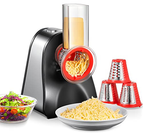 FOHERE 4 in 1 Electric Vegetable Grater 150W Electric Grater for Fruit and Vegetables, Multi Salad Maker with 4 Interchangeable Cones Ideal for Cheese, Cucumber, Carrot