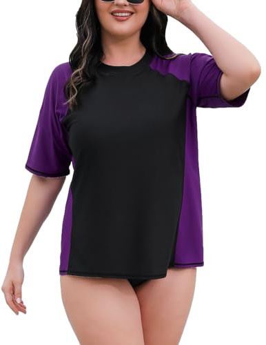 Halcurt Maglietta UV da donna, taglie forti, Rash Guard, a maniche corte con reggiseno UPF 50+, protezione solare, da bagno, da bagno ad asciugatura rapida, 1X 4X, Nero viola/con reggiseno, 4XL plus