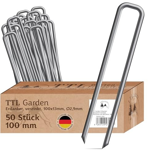 TTL Garden - Lot de 50 piquets d'ancrage - 100 x 13 x Ø 2,9 mm - En acier au carbone galvanisé et trempé - Pour toile anti-mauvaises herbes, non-tissé de jardin, clôture, filet de protection contre