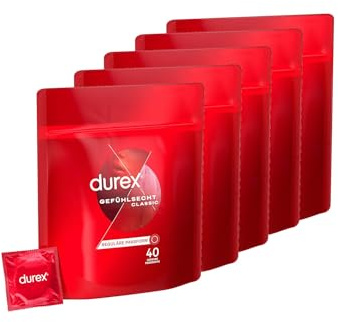 Durex Gefühlsecht Classic Kondome – Perfekter Sitz & leichtes Abrollen – Dünn, befeuchtet, transparent, angenehmer Geruch – 200er Pack (5 x 40 Stück)