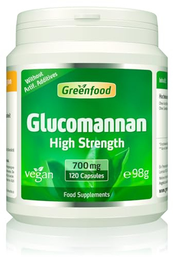 Greenfood Glucomannan, 700 mg, high dose, 120 Capsules. 100% Natural. Without Artificial additives, Without Genetic Manipulation. Vegan.