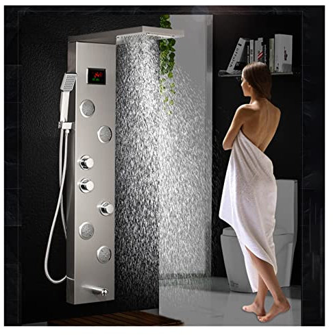 LED Shower Panel Thermostatic Intelligent Mixer Shower Set with Waterfall Rain Digital Display SPA Massage Jet Bathroom Column Mixer Tap Tower System.