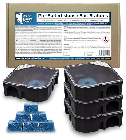 Ready Steady Defend Pre-Baited Mouse Killer Control Boxes (4 Pack) - Difenacoum Mice Poison Bait Block Traps for Indoor Infestation Treatments - Ready-to-Use Safety Kit