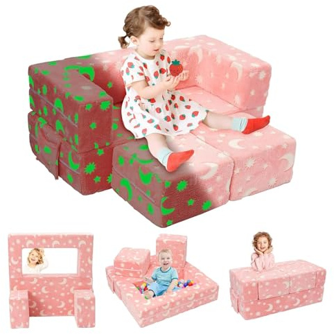 Sillón Bebe, Plegable Sofa Infantil, Sillón Infantil 2 en 1, Sofá Cama Convertible Tumbona, Silla Ancha Suave Funda Extraíble, Rosa Estampado Estrellas, Brilla Oscuridad, Regalo Día Niño Cumpleaños