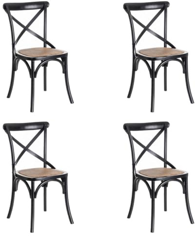 LOLAhome - Pack de 4 sillas de Comedor Aspas de Madera de Olmo Color Negro con Asiento de ratán Trenzado en Tono Natural