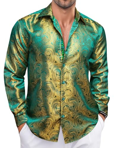 Ailisus Yellow Green Men's Silk Shirts Paisley Long Sleeve Button Down Dress Shirt Western Casual Tops Woven Party Wedding