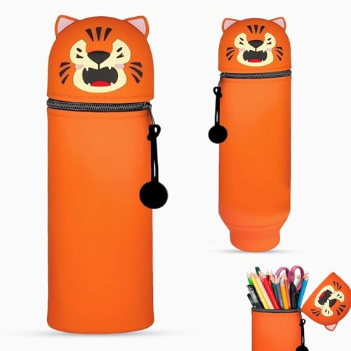 YUNXCNA Trousse 2 en 1 en Silicone Souple, Trousse à Crayons en Silicone Souple Rétractable, Rétractable Trousse a Crayon Tigre, Trousse à Crayons avec Fermeture Éclair