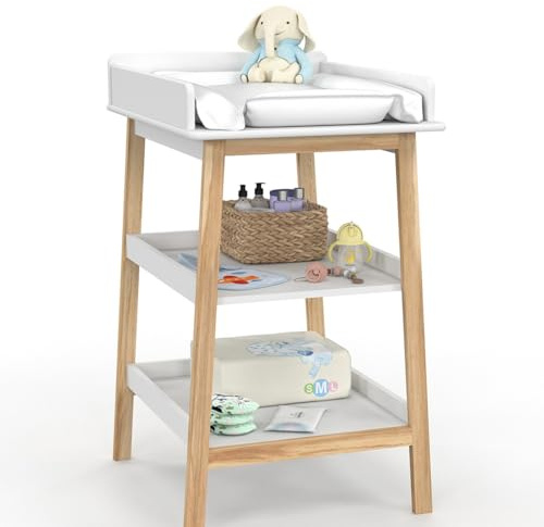 IDMarket - Wickeltisch MAHE mit 2 Regalen in Buchenholzoptik und Weiß