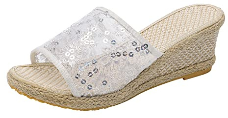 Scarpe verdi da donna 39 donne pantofole piattaforma zeppa pantofole cool versatile paillettes mesh traspirante cuneo pantofole sandali Slides pelliccia donna, bianco, 42 EU