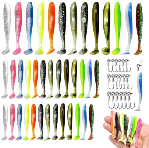 96 Stück Angelköder Angel Set, 13 Farben Gummifische mit 3 Größen Jigköpfe Gummifisch Angelzubehör Hecht Köder mit Köderbox Schwimmköder für Barsch Zander Forelle (6 cm 9 cm 12 cm)