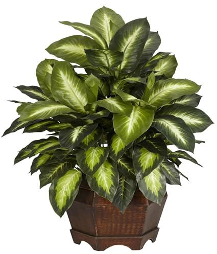 Nearly Natural 24in Artificial Dieffenbachia Silk Plant with Modern Hexagon Planter, Maintenance-Free Indoor Faux Greenery for Room Decor