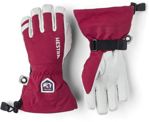 Hestra Army Leather Heli Ski Junior Glove (Youth 4-13yrs) | Waterproof, Insulated Classic 5-Finger Leather Kids Gloves for Winter, Skiing & Playing in The Snow - Red - 4