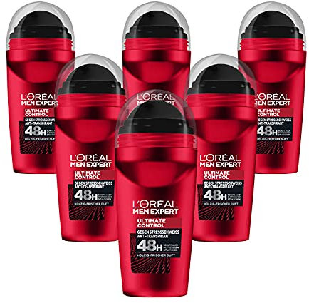 L'Oréal Men Expert 72H Deoroller für Männer, Deo Roll-On gegen Schweißgeruch, Schwitzen und Achselnässe, Herren Deodorant mit Holzig-frischer Duft ohne Alkohol, Ultimate Control, 6 x 50 ml