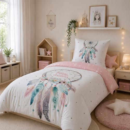 Familando - Traumfänger Bettwäsche Set 2-teilig - Flanell - Wendebettwäsche Rosa - 100% Baumwolle - Deckenbezug 135x200cm & Kissenbezug 80x80 cm mit Reißverschluss - kuschelig weich - Oeko-TEX