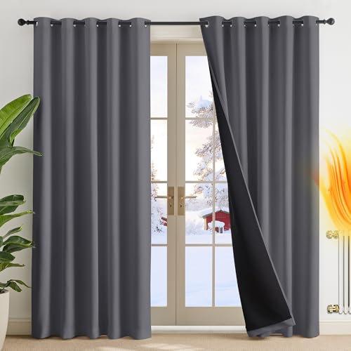 PONY DANCE 100% Blackout Double-Layer Curtains with Liner - Thermal Insulated 66x90 Inch Long Curtains for Bedroom Living Room, Energy Energy & Noise Reducing, Grey Grommet Blackout Drapes, 2 Panels